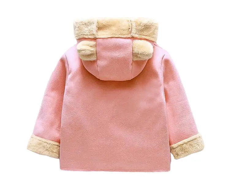Dos du manteau bébé à capuche daim et polaire : Orlia
