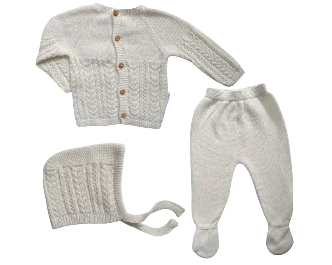 Ensemble bébé 3 pièces coton tricoté : Mahé blanc