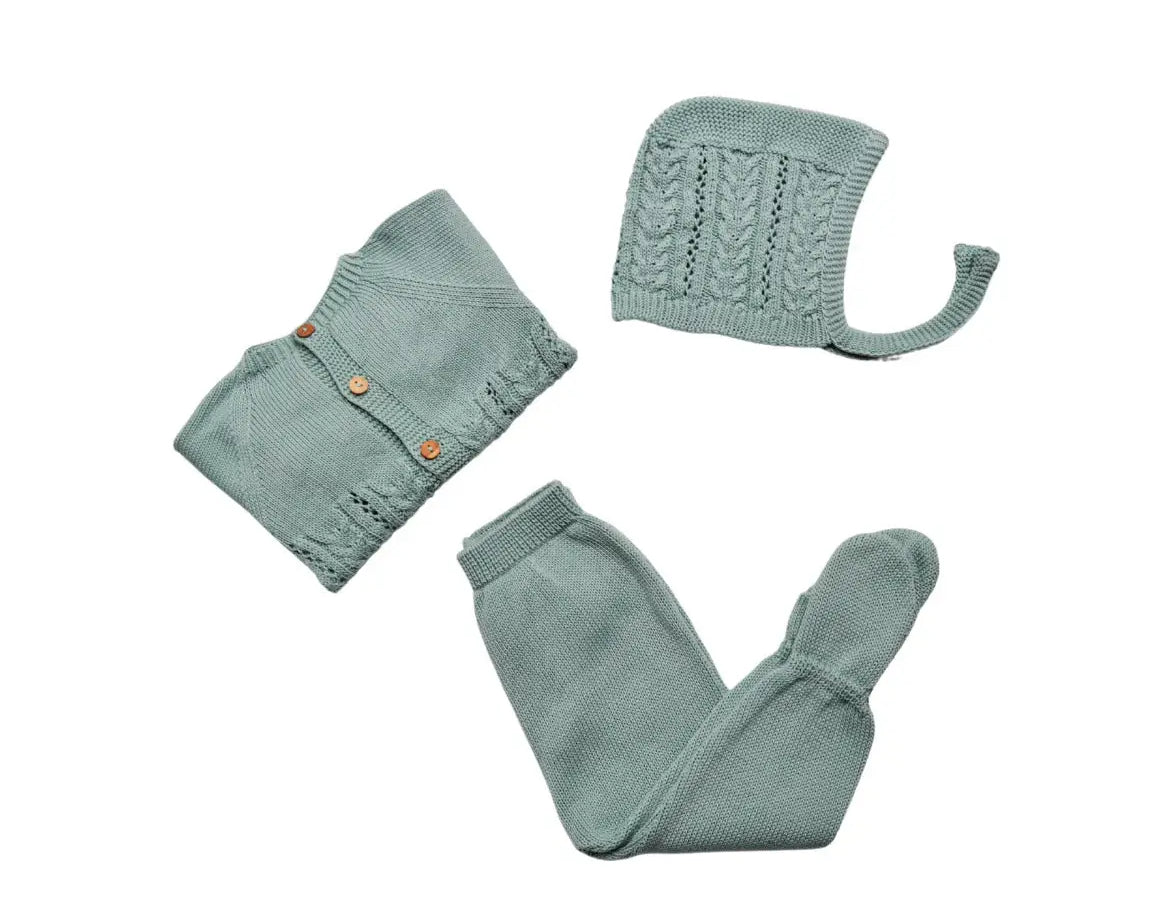 Ensemble bébé 3 pièces coton tricoté : Mahé vert