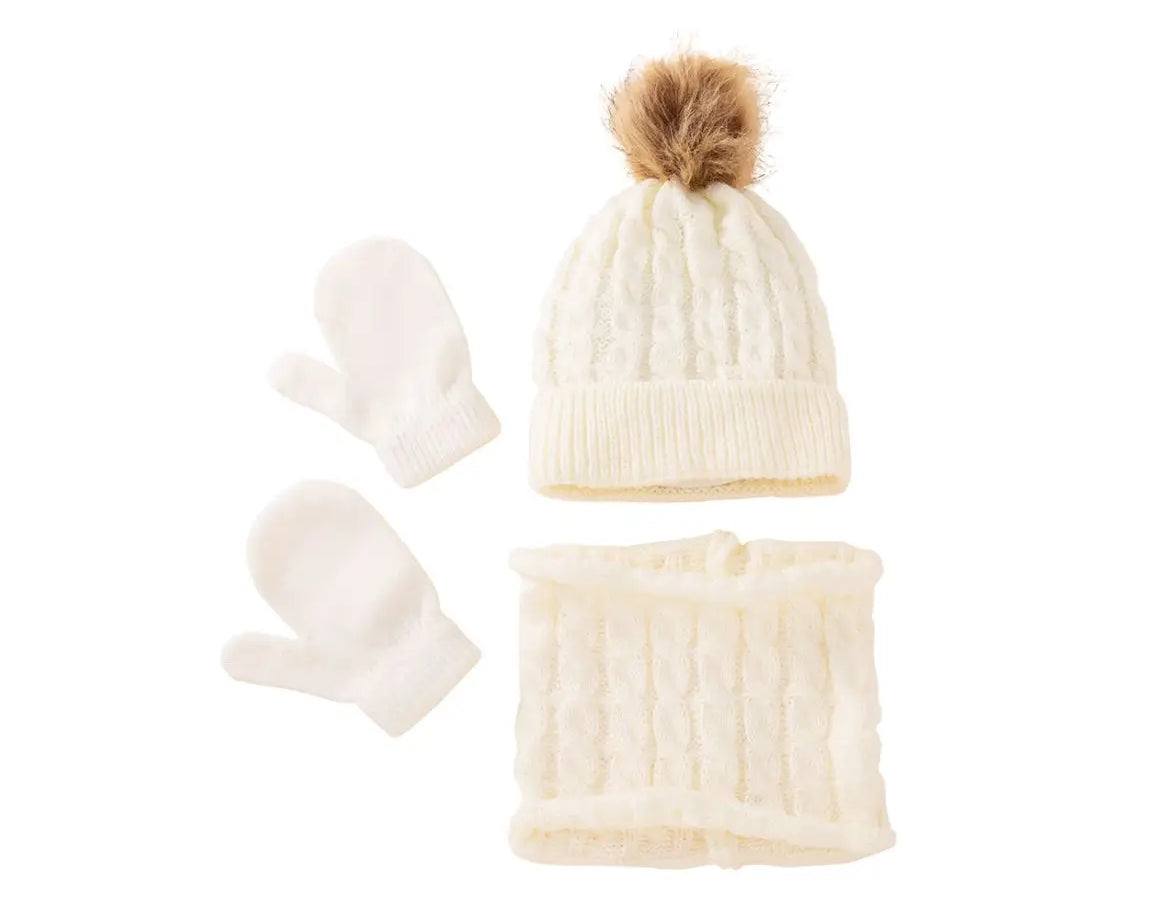 Ensemble bébé bonnet ,moufles et tour de cou tricot : Lina de couleur Ecru