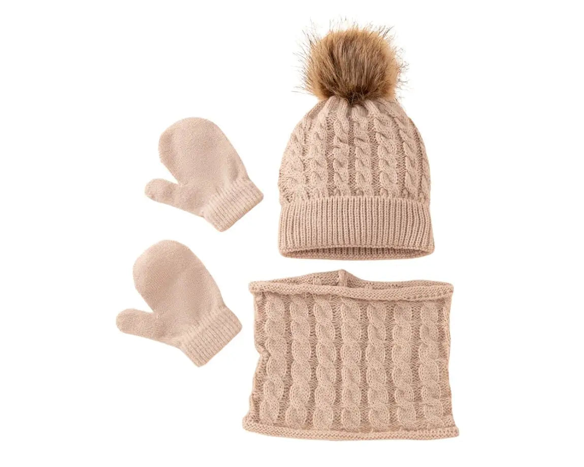 Ensemble bebe bonnet, moufles et tour de cou tricot : Nino Taupe