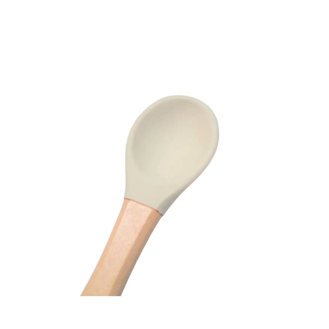 Zoom sur la cuillère de l'ensemble bébé cuillère fourchette en bois et silicone : Martine de couleur beige