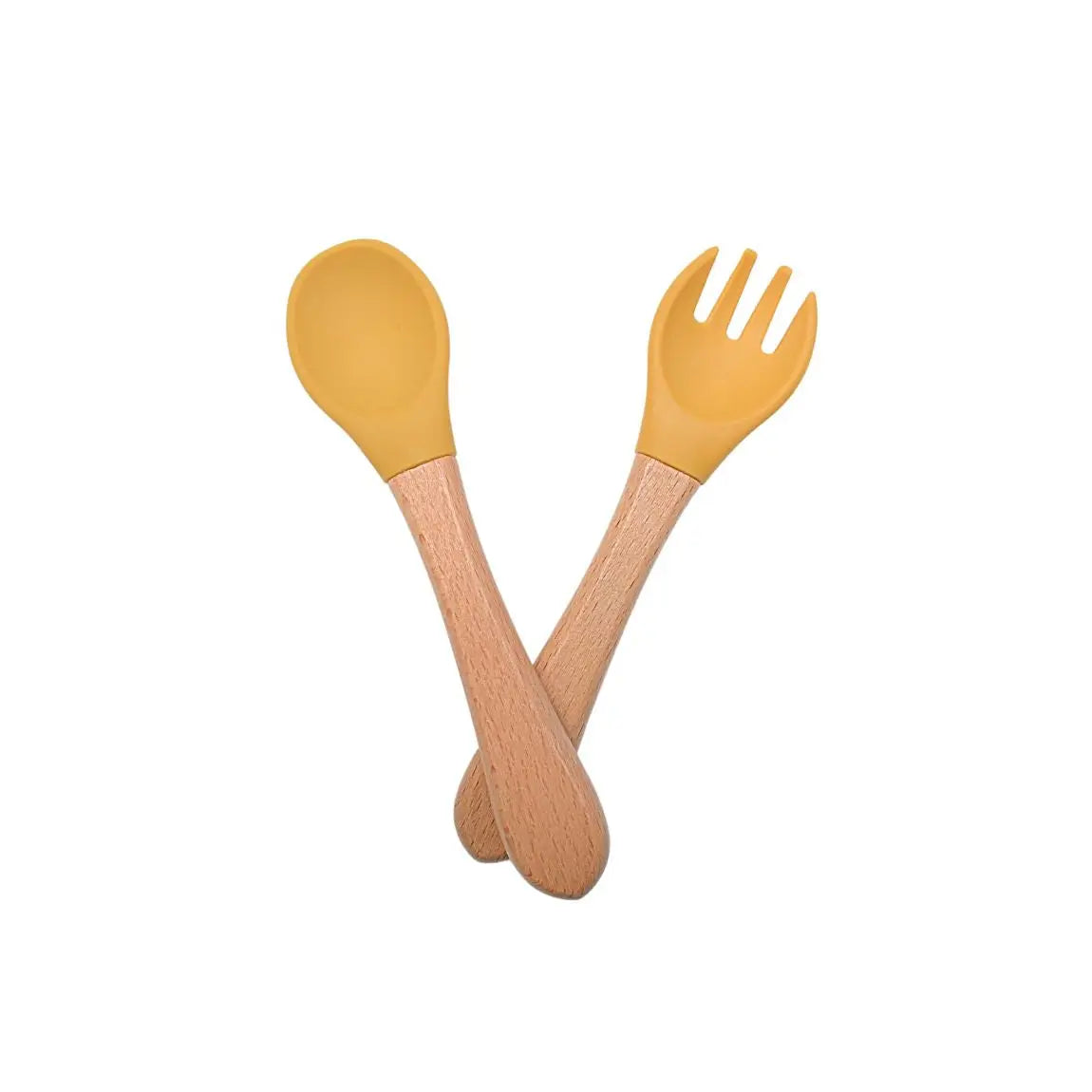 Ensemble bébé cuillère fourchette en bois et silicone : Martine de couleur jaune moutarde