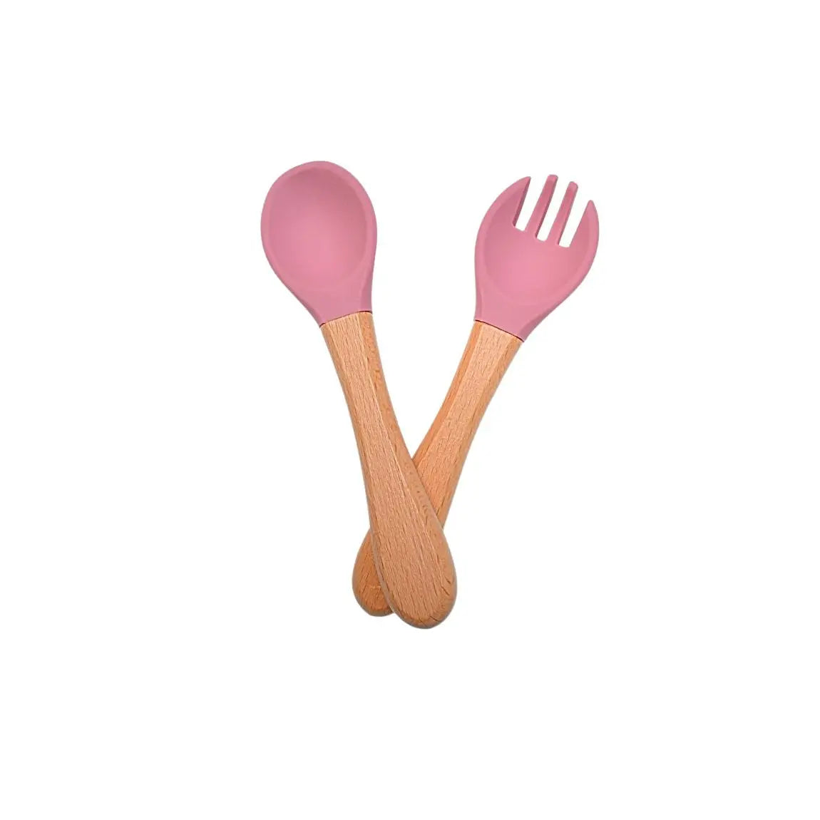 Ensemble bébé cuillère fourchette en bois et silicone : Martine de couleur rose foncé
