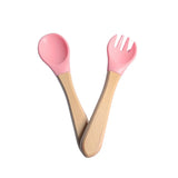 Ensemble bébé cuillère fourchette en bois et silicone : Martine de couleur rose clair