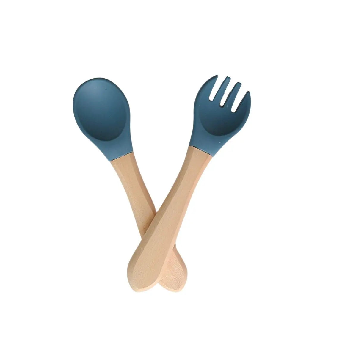 Ensemble cuillère fourchette en bois et silicone : Martine de couleur bleu pétrole